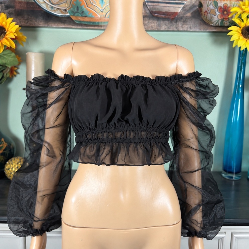 Fashion Nova Dark Coquette Black Crop Top Romantic Goth Sheer Puff Sleeve